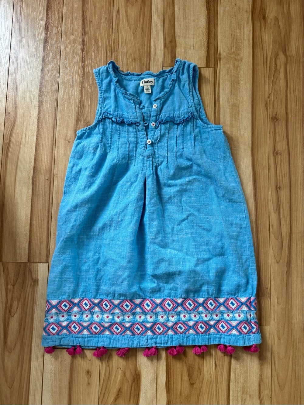 Hatley Turquoise Sleeveless Dress with Pink Tassel Trim